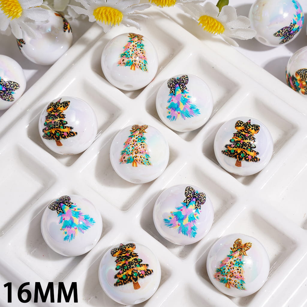 UV Coated Acrylic Beads for Bracelets w Christmas Tree Series & Leopard Bow, 16MM Random Mix