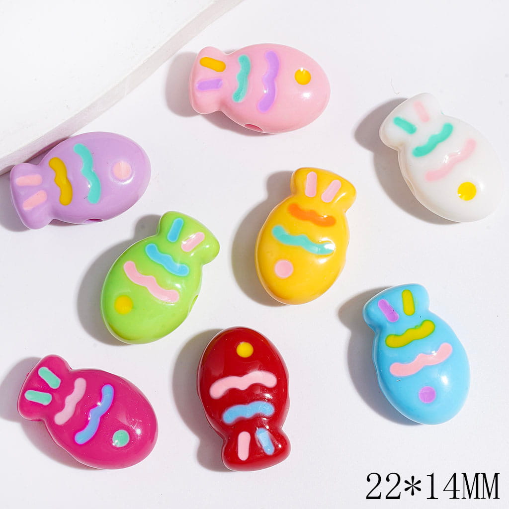 Acrylic Beads Fish with Line Stripes, 22*14MM, Multi-Color, Random Mix
