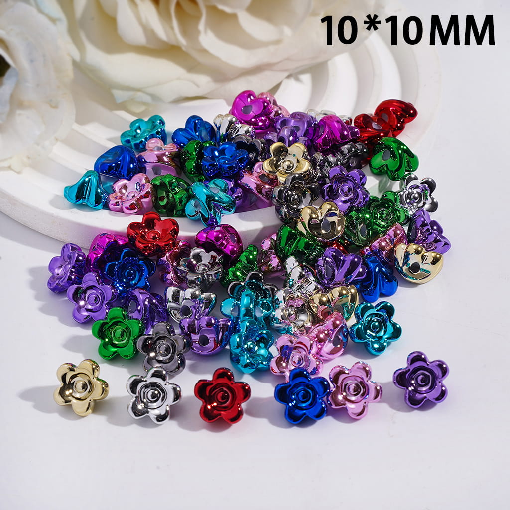 Acrylic Beads Charm Pendants Metallic Color Flower, 10*10MM, Random Mix (They Don't Fit the Pen)