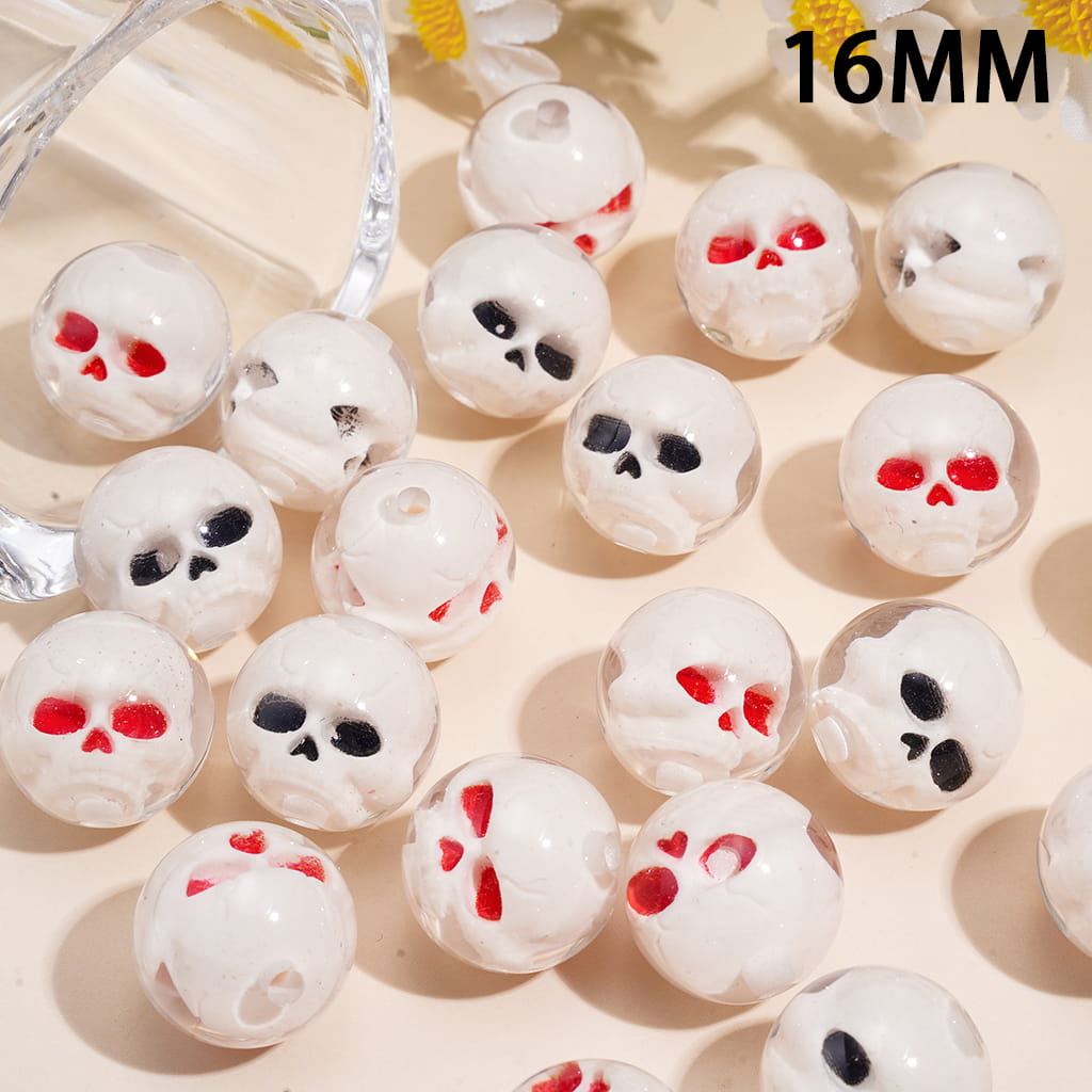 Halloween Skull Head Embedded Inside Clear Acrylic Beads for Bracelets, Red and Black Eye, 16MM, Random Mix