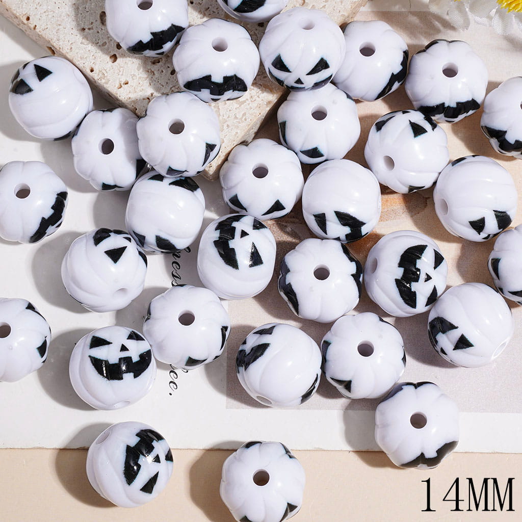 14MM - Pumpkin Acrylic Beads with Black Wicked Facial Expression, Halloween Theme, White Background