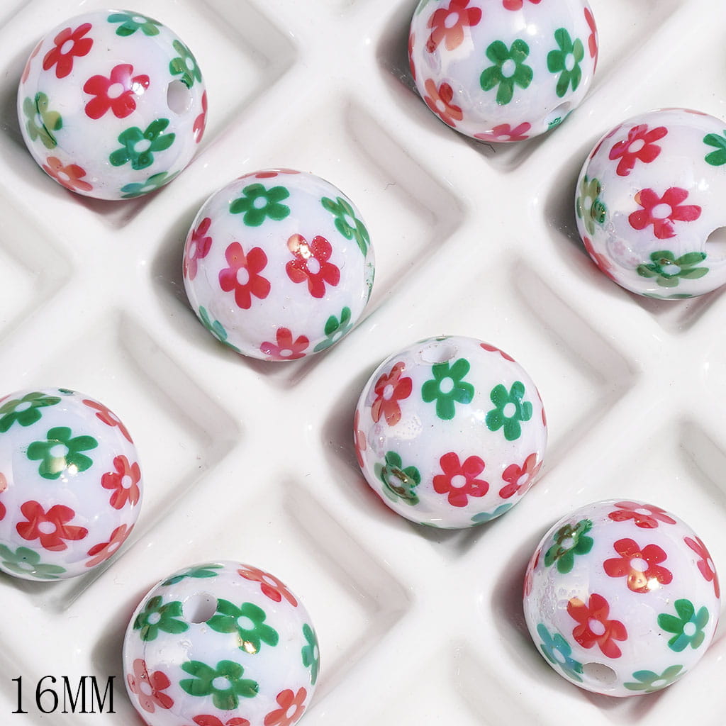 UV Coating Green and Red Flowers Acrylic Beads for Bracelets, Christmas Style, 16MM