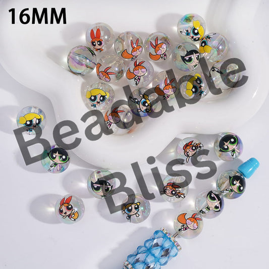 Acrylic Beads for Bracelets UV Coating with Brave Girl Police Character Prints, Translucent, 16MM, Random Mix