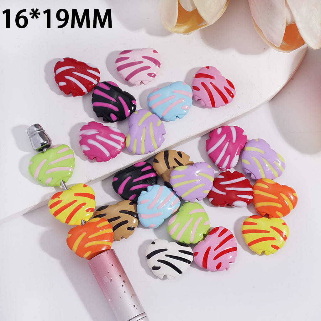 Acrylic Beads Flat Heart Shape with Stripes, 16*19MM, Multi-Color, Random Mix