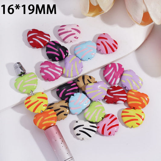 Acrylic Beads Flat Heart Shape with Stripes, 16*19MM, Multi-Color, Random Mix