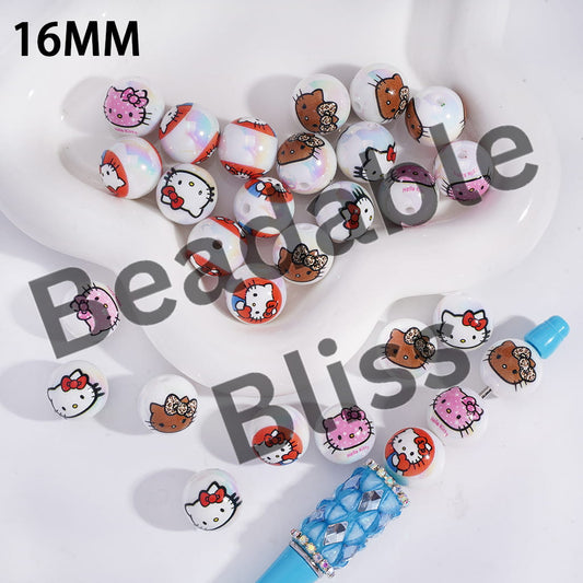 Acrylic Beads for Bracelets UV Coating with Cute Cat Character Prints, White Background, 16MM, Random Mix