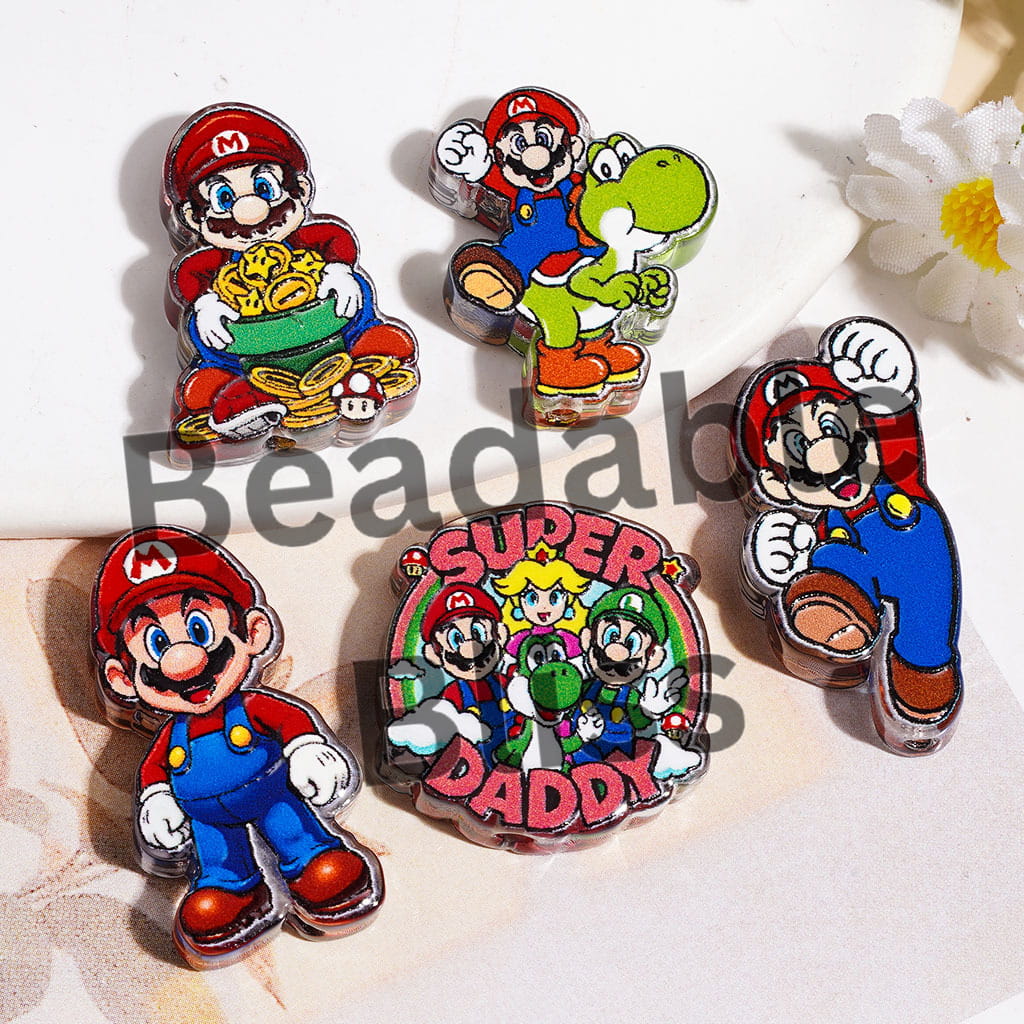 Acrylic Beads with Game Theme Plumber Character Prints, Random Mix