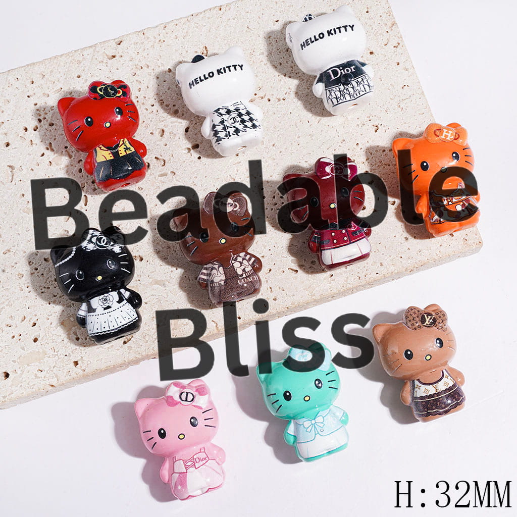 Acrylic Beads Cute Cat Characters with Diverse Fashion Clothes, Height 32MM Multi-Color Random Mix
