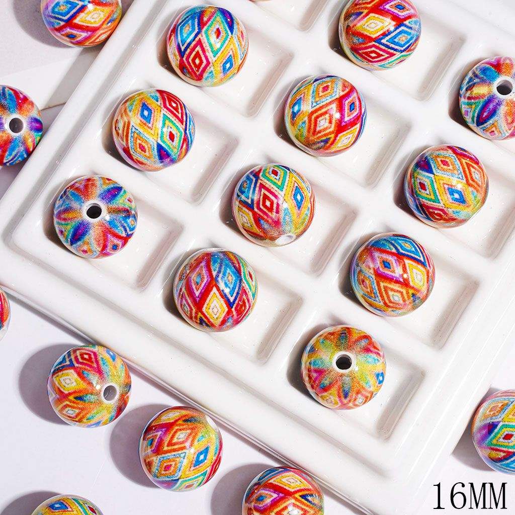 UV-Coated Acrylic Bead for Bracelets with Traditional Colorful Diamond Pattern, Ethnic Style, 16MM