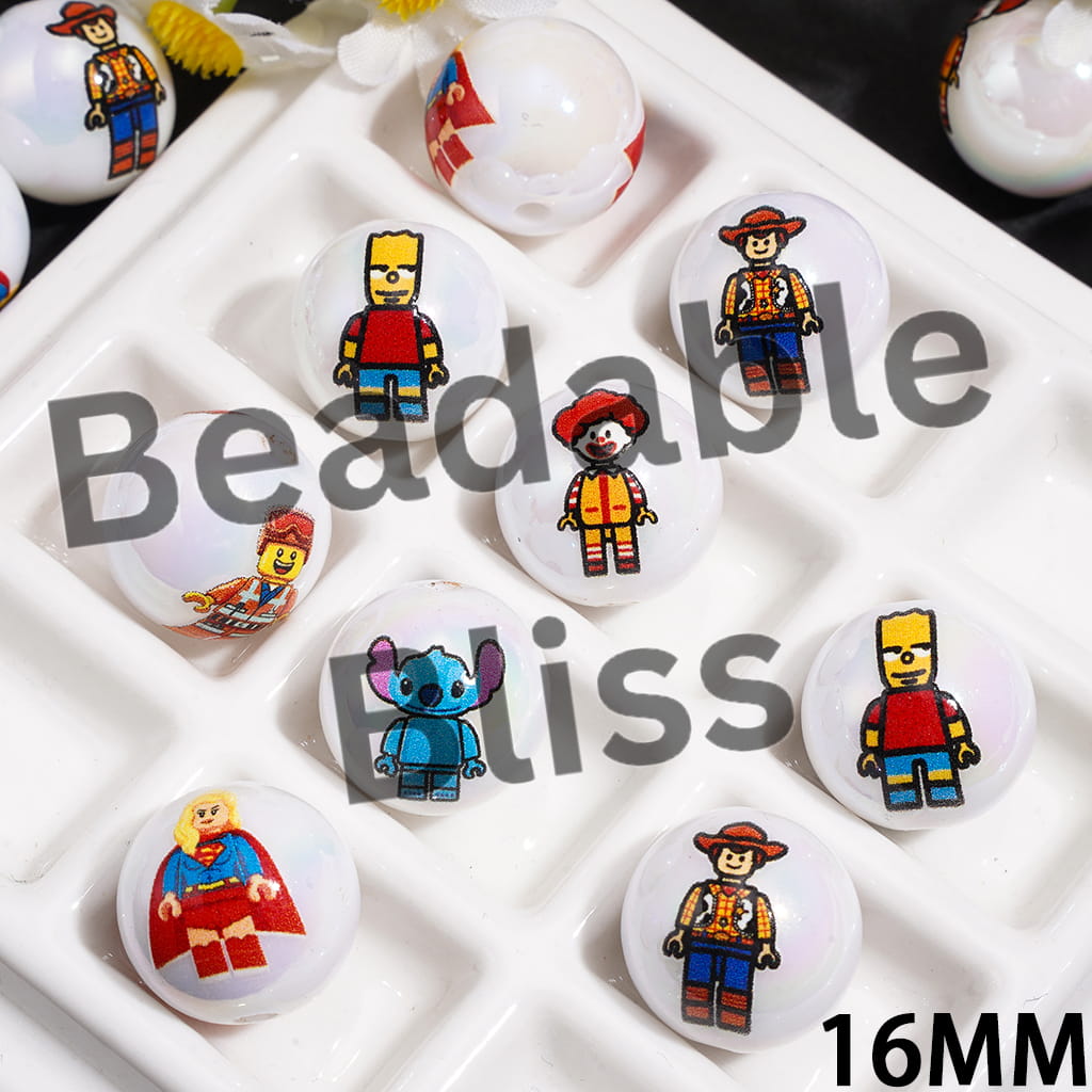 Classic Character in Cartoon Style UV Coated Acrylic Beads for Bracelets, 16MM, Random Mix