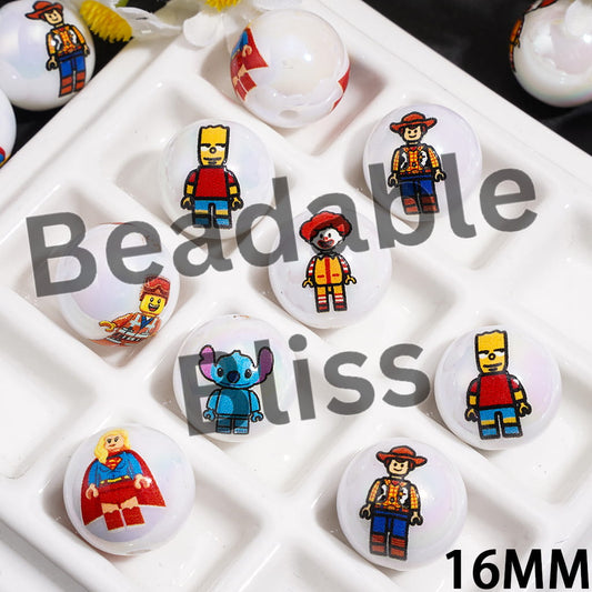 Classic Character in Cartoon Style UV Coated Acrylic Beads for Bracelets, 16MM, Random Mix