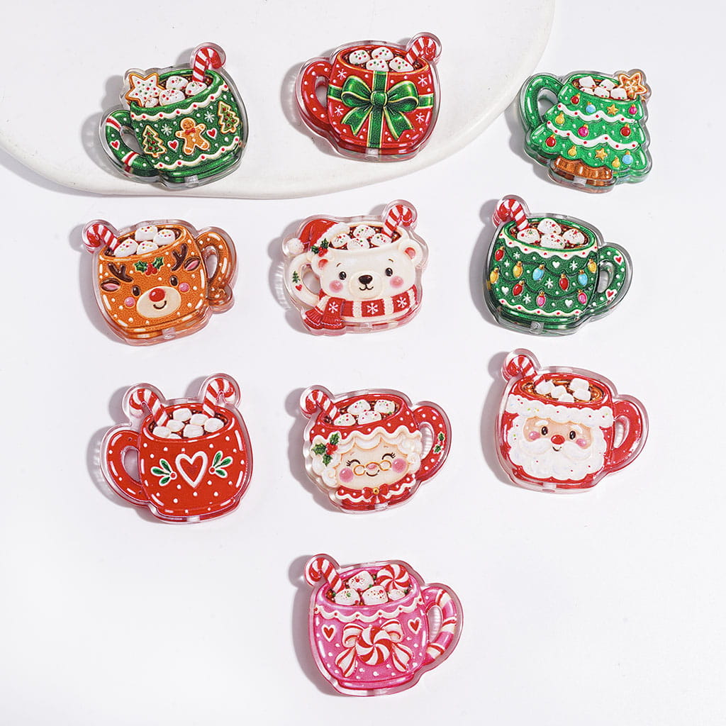 Semi-Clear Acrylic Beads and Pendants with Christmas Theme Cup, Random Mix
