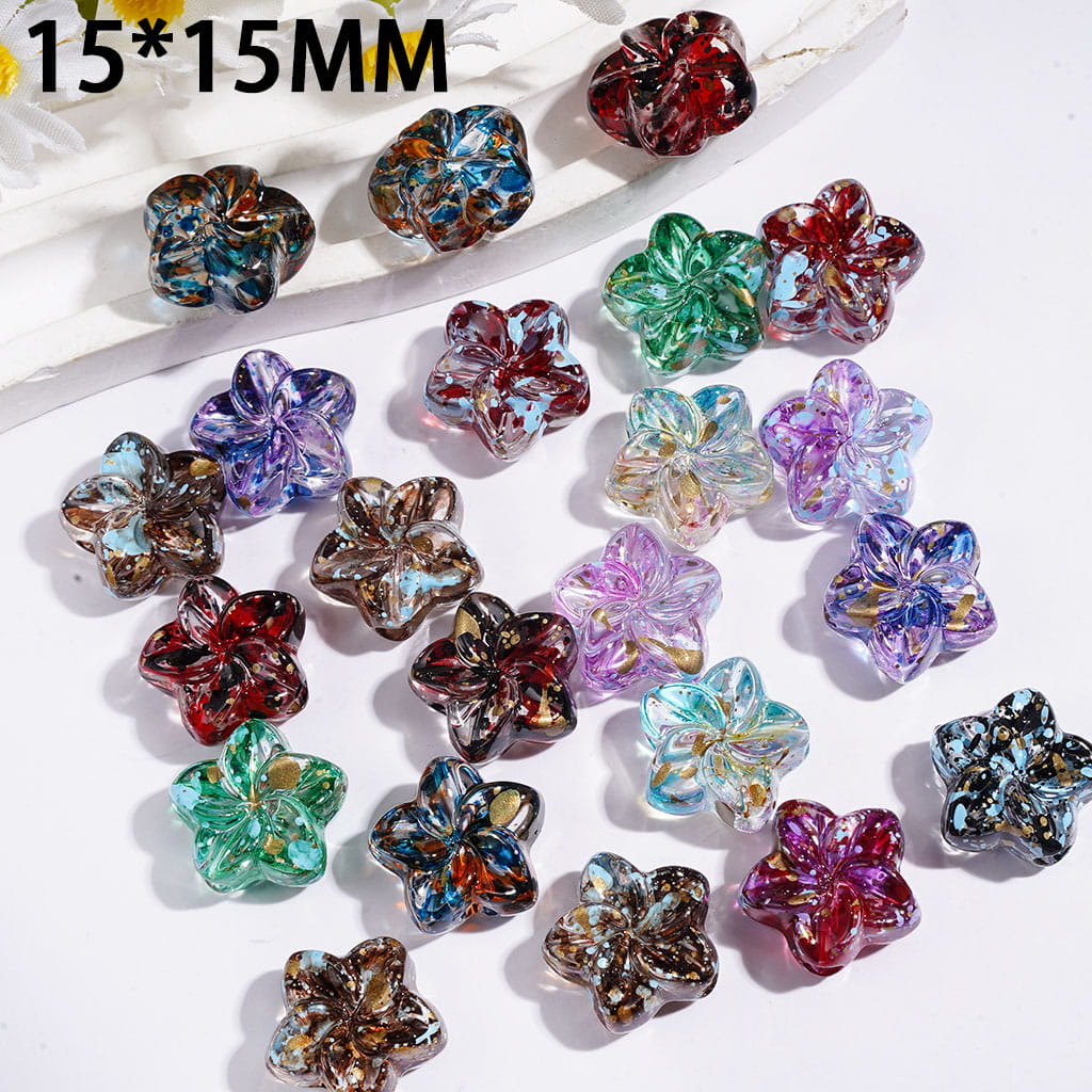 Acrylic Beads Five-Pointed Star Flower w Swirl Vein and Colorful Spots, 15*15MM, Multi Color, Random Mix
