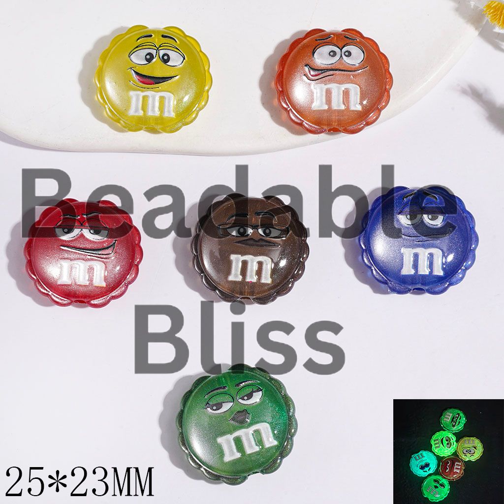 Luminous Acrylic Beads with Candy Chip Style in Various Face Expressions Designs, Wavy Edged Flat Round Shape, 25*23MM Random Mix Multi-Color
