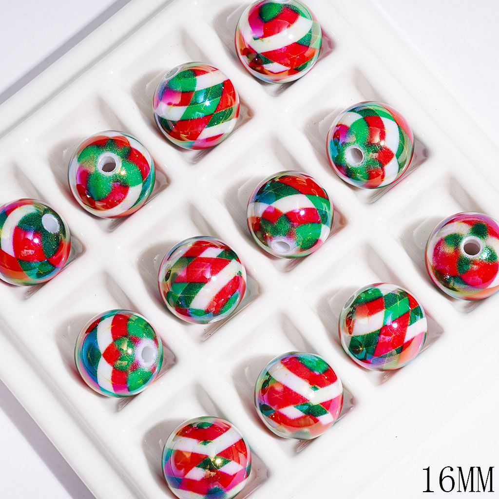 UV-Coated Acrylic Bead for Bracelets with Red Green White Checkered Pattern, Christmas Theme, 16MM