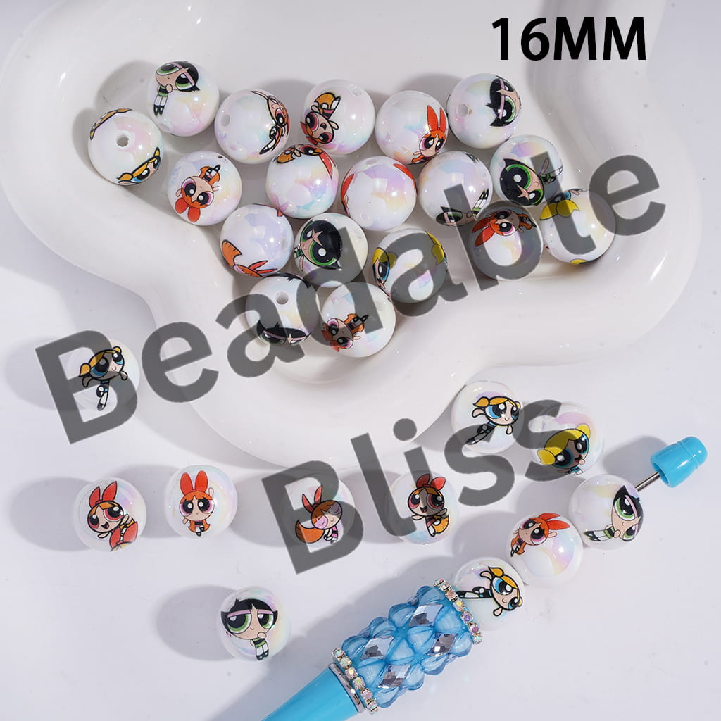 Acrylic Beads for Bracelets UV Coating with Brave Girl Police Character Prints, White Background, 16MM, Random Mix