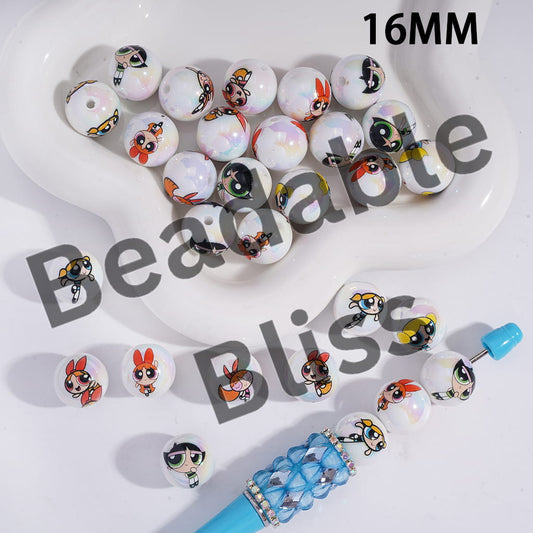 Acrylic Beads for Bracelets UV Coating with Brave Girl Police Character Prints, White Background, 16MM, Random Mix