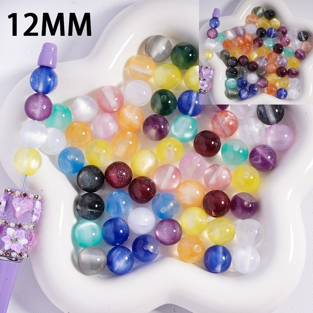 Assorted colored beads on a white tray with '12MM' text