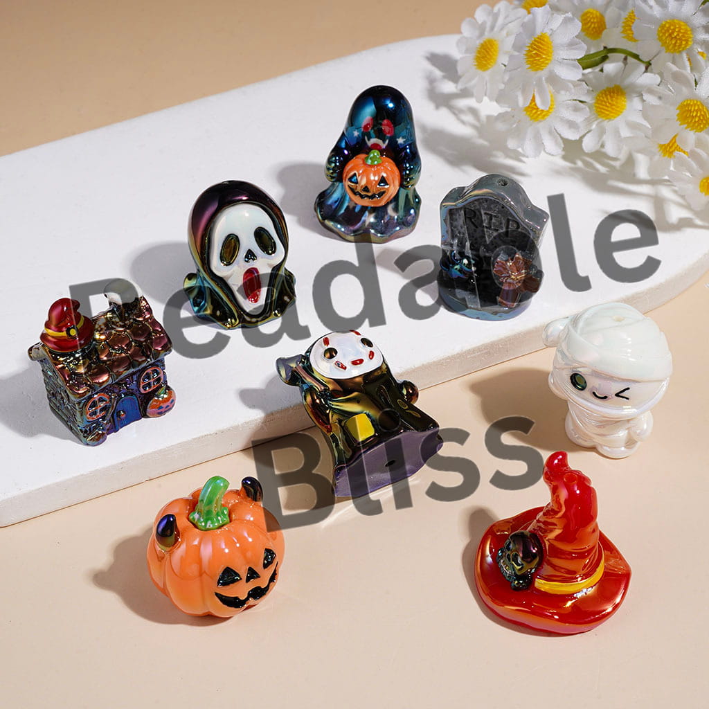 UV Coating Acrylic Beads Halloween Horror Character Pumpkin House Mummy Tombstone, Random Mix