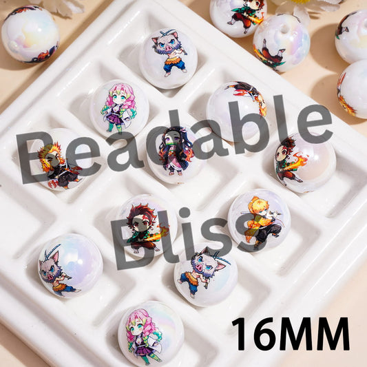 Acrylic Beads for Bracelets UV Coating Japanese Cosplay Style in Various Designs, 16MM, Random Mix