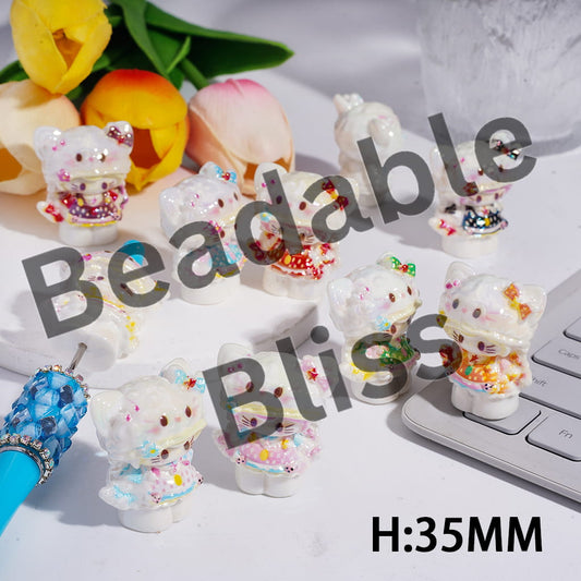 Acrylic Beads UV Coating Cute Cat Character Wearing Kitten Hat Series, Height 35MM, Random Mix
