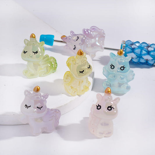 Acrylic Beads UV Coating Unicorn with Gold Horn and Wings, Multi-Color, Random Mix