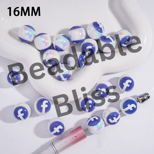 Acrylic Beads for Bracelets UV Coating Blue White Social Platform Patterns, 16MM