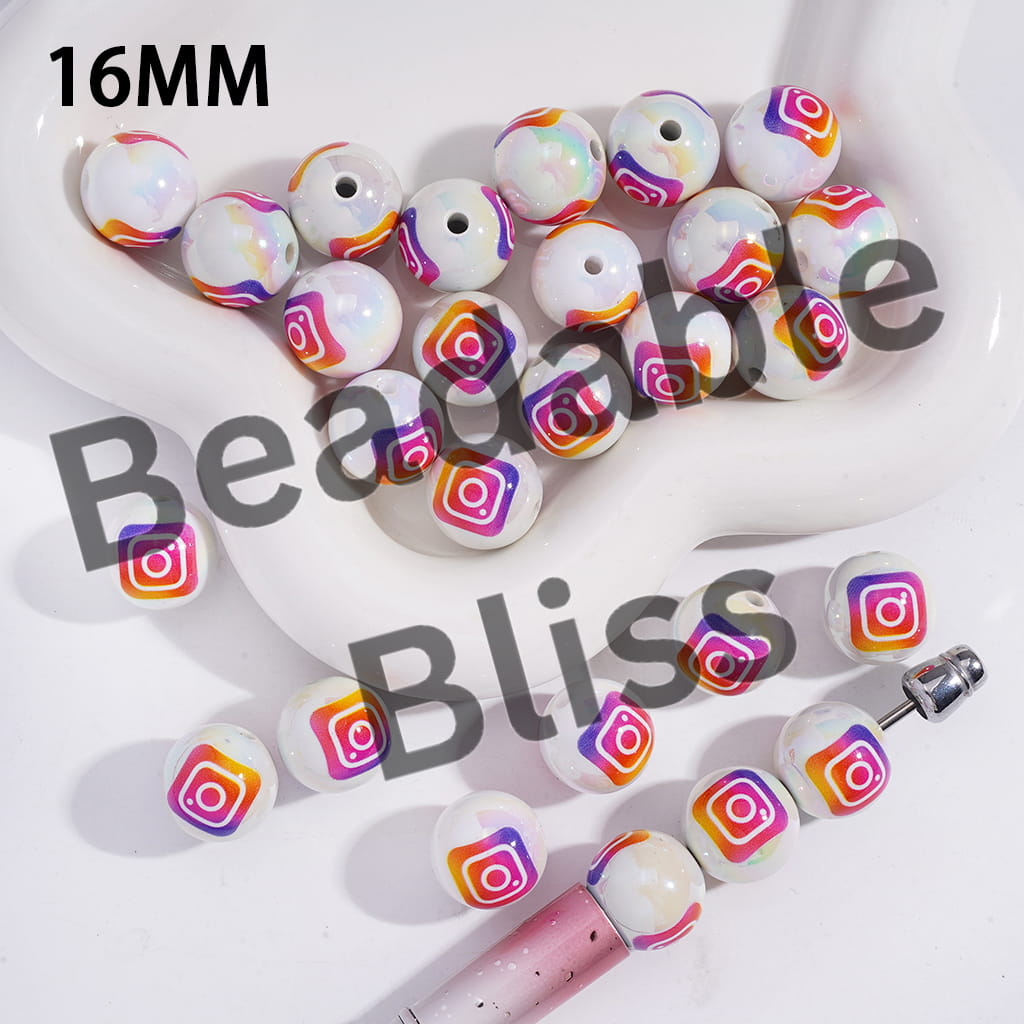 Acrylic Beads for Bracelets UV Coating Pink Orange Purple Social Platform Patterns, 16MM