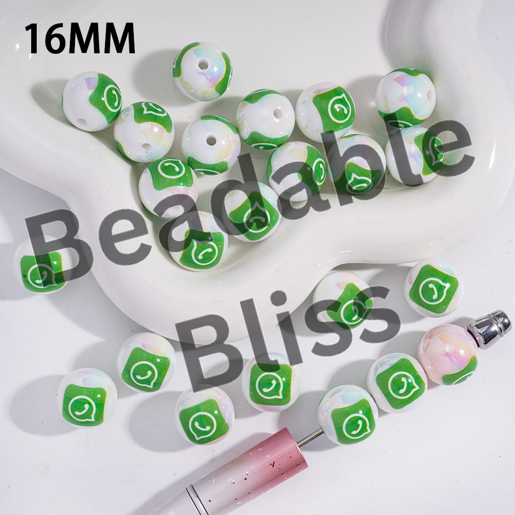 Acrylic Beads for Bracelets UV Coating Green Communication Social Messenger Patterns, 16MM