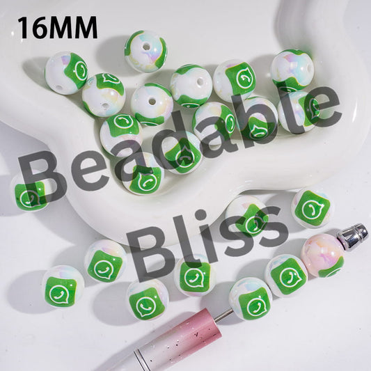 Acrylic Beads for Bracelets UV Coating Green Communication Social Messenger Patterns, 16MM