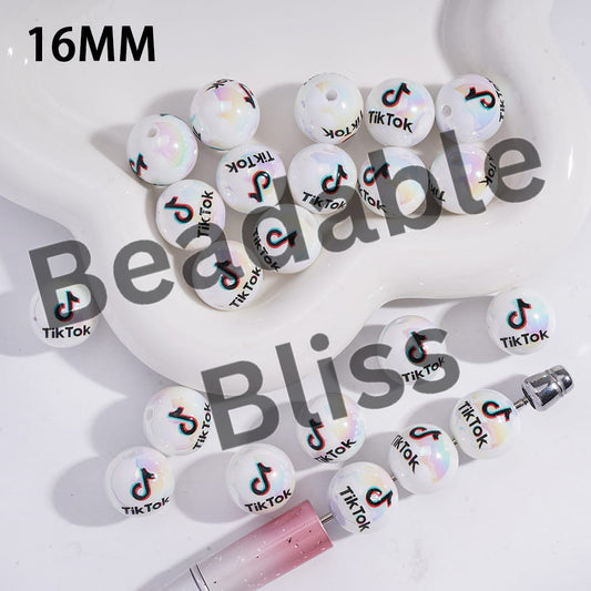 Acrylic Beads for Bracelets UV Coating Short-Video Software Patterns, 16MM