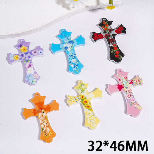 Religion Christianity Floral Prints Cross Acrylic Pendants, 32*46MM, Random Mix