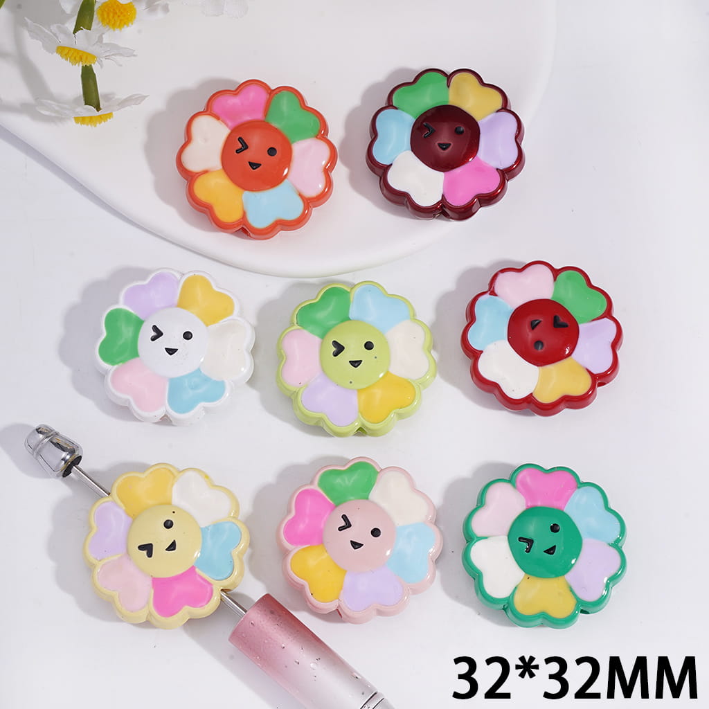 Acrylic Beads Smiling Sun Flower Series, 32*32MM, Random Mix