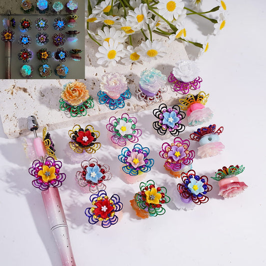 Acrylic Beads Heart with Soft PVC Luminous Peony Flower and Metal Flower, Multi-Color, Random Mix