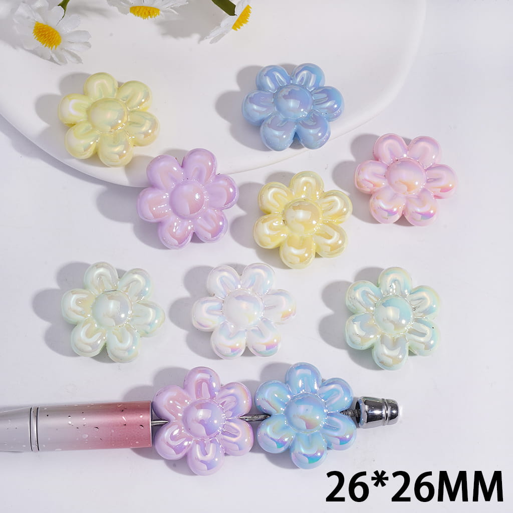 Acrylic Beads UV Coating Six-Petaled Flowers, 26*26MM, Macaron Color, Random Mix