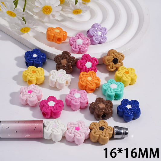Acrylic Beads Flower with Knitted Pattern, 16*16MM, Multi-Color, Random Mix