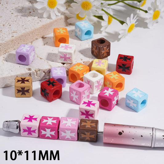 Acrylic Beads Cube Square Shape with Cross Prints, Big Hole Beads, 10*11MM, Random Mix (The Hole Diameter is Around 5MM)