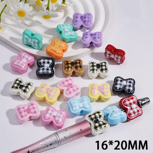 Acrylic Beads Butterfly Bowknot with Checkered Pattern, 16*20MM, Random Mix
