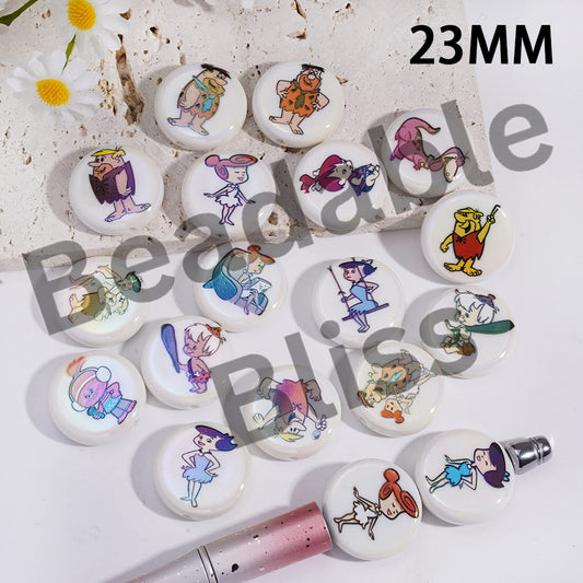 Acrylic Beads UV Coating with the Stone Age Family and Neighbor in Funny Style, Flat Round Shape, 23MM, Random Mix