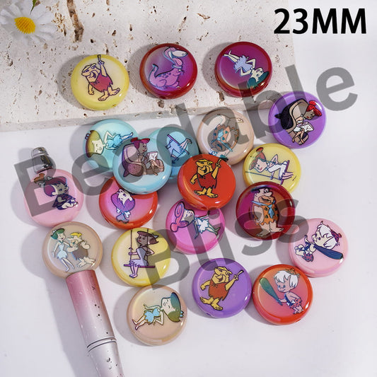 Acrylic Beads UV Coating with the Stone Age Family and Neighbor in Funny Style, Flat Round Shape, 23MM, Multi-Color, Random Mix