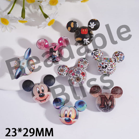 Acrylic Beads Frosted Classic Mouse Head in Various Prints , 23*29MM, Random Mix