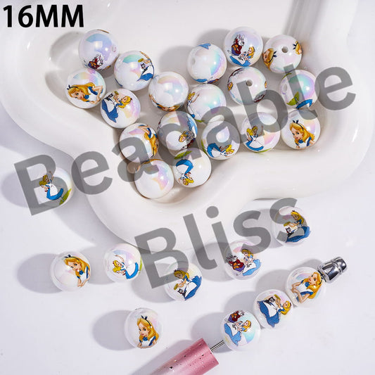 Acrylic Beads for Bracelets with Girl into Rabbit Hole Fantasy World Prints, 16MM, Random Mix