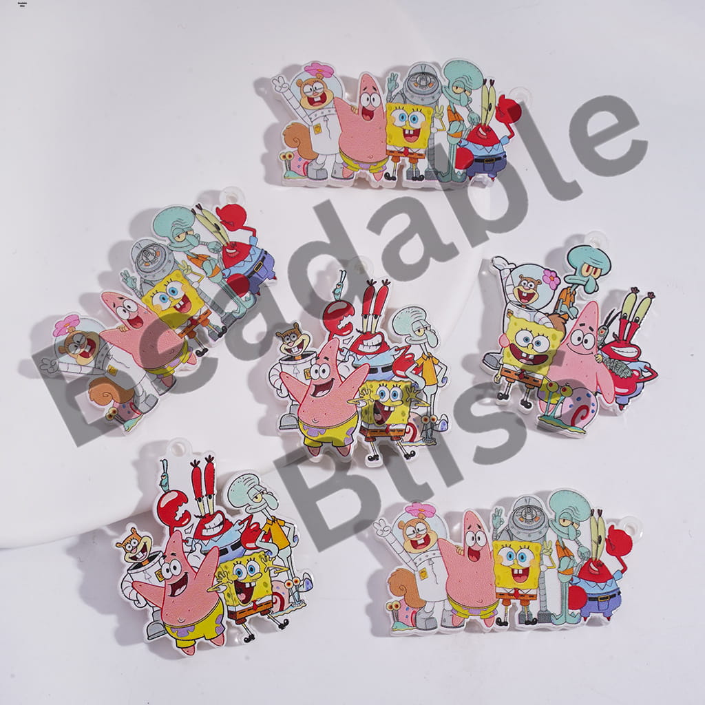 Acrylic Pendant Yellow Sponge Baby Character Family Series Prints, Translucent, Random Mix