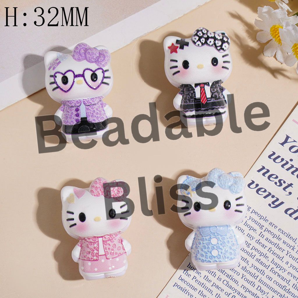 Acrylic Beads Cute Cat Character Wearing Diverse Color Leopard Clothes, Height 32MM Random Mix