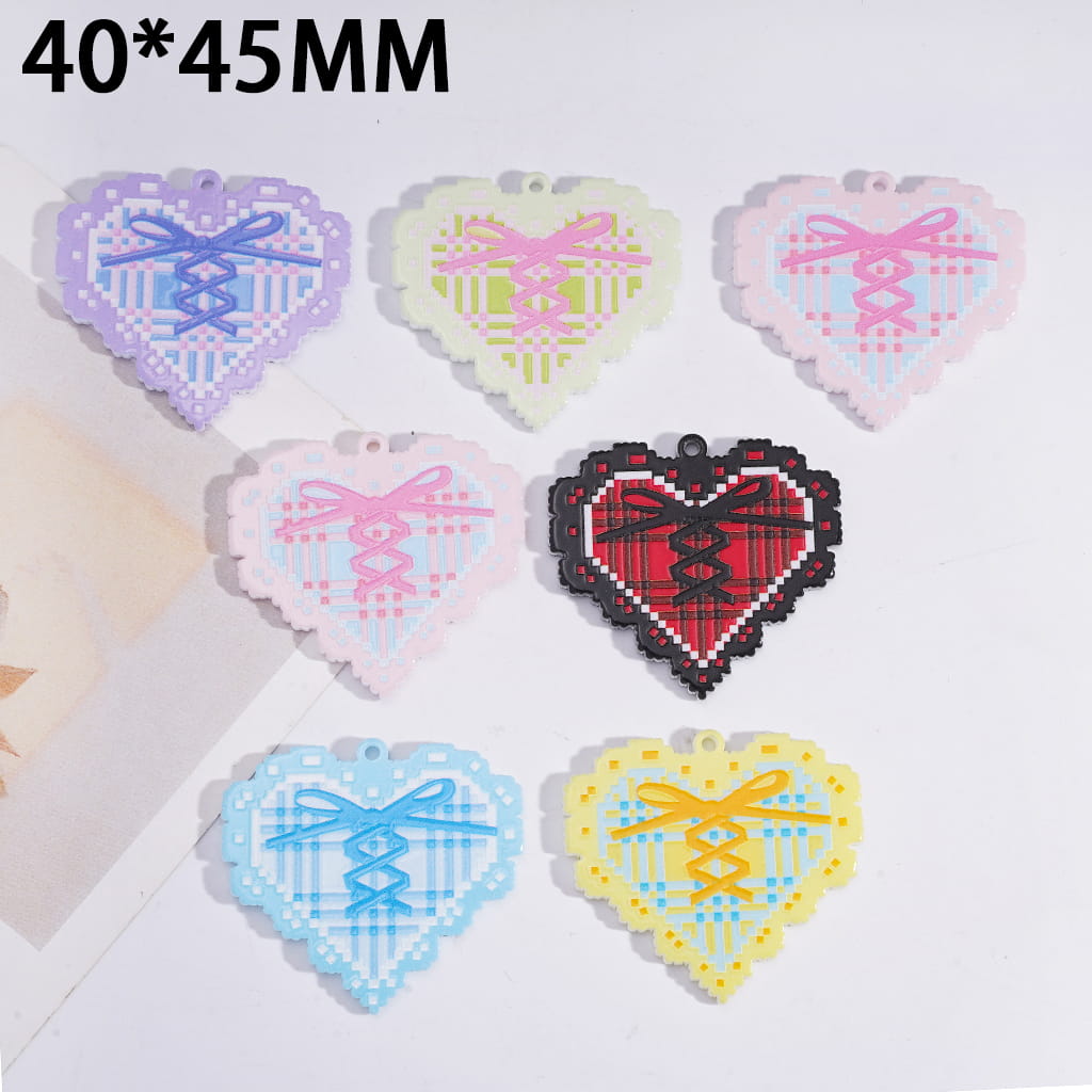 Acrylic Pendants Heart with Mosaic Patterns and Bowknot, 40*45MM, Random Mix