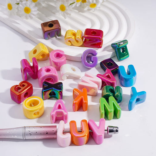 Acrylic Beads UV Coating Letter, Big Hole Beads, Horizontal Hole, Random Mix (The Hole Diameter is Around 6MM)