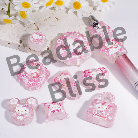 Acrylic Beads Pendant with Cute Cat Character Pink Sakura Series, Random Mix