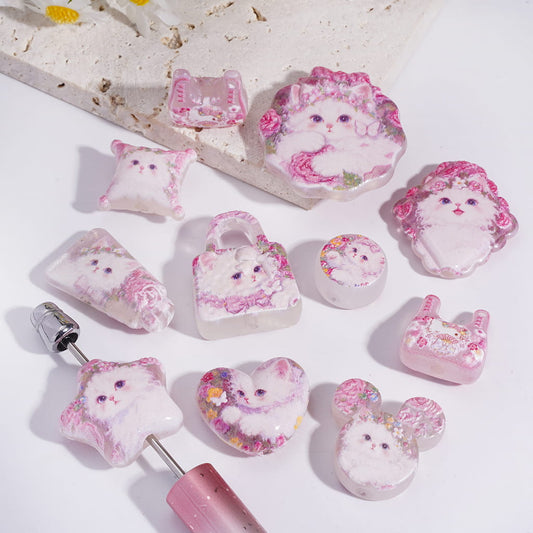 Acrylic Beads Pendant with Beautiful Kitten Pink Rose Flowers Series, Random Mix