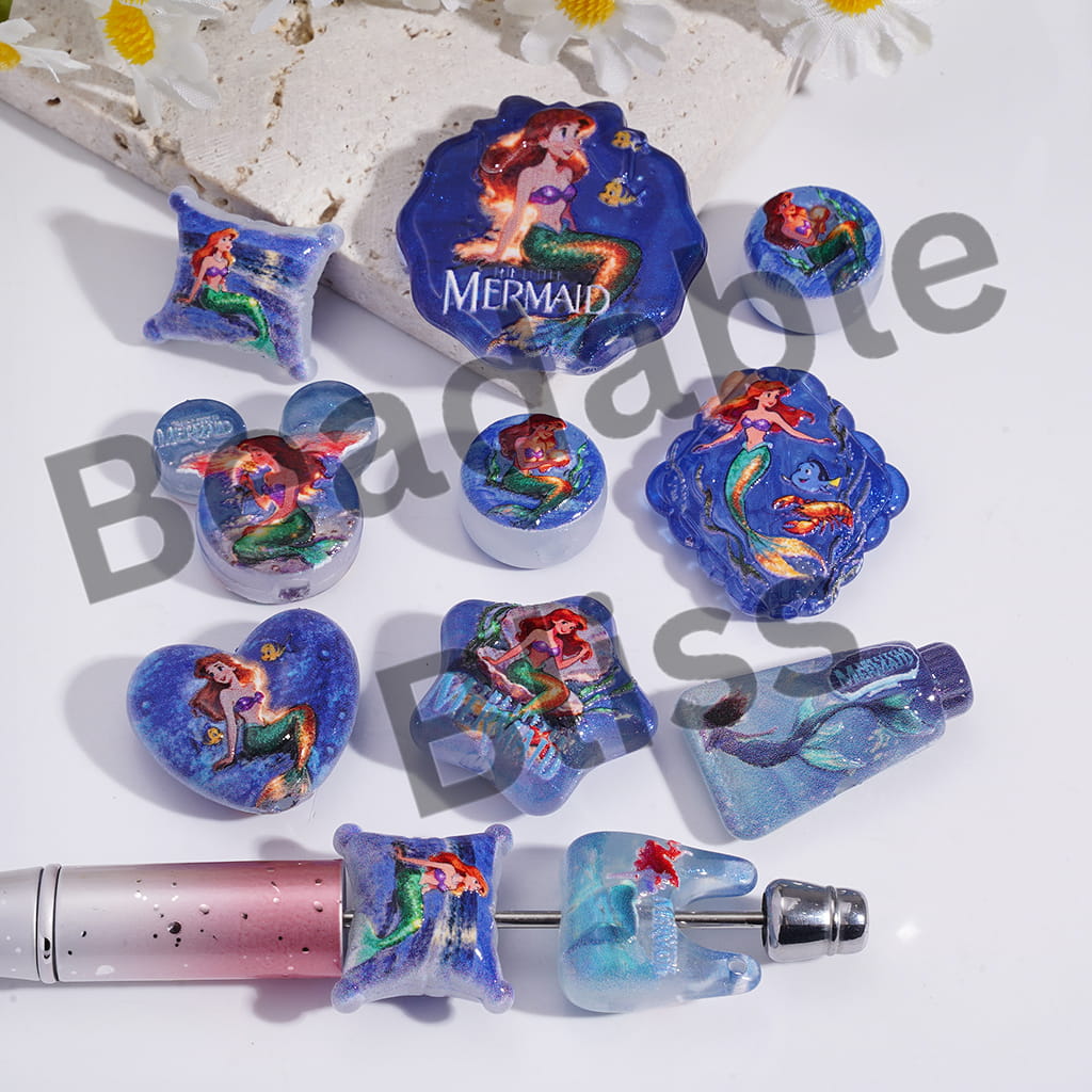 Acrylic Beads Pendant with Pretty Mermaid Girl Prints Blue Series, Random Mix
