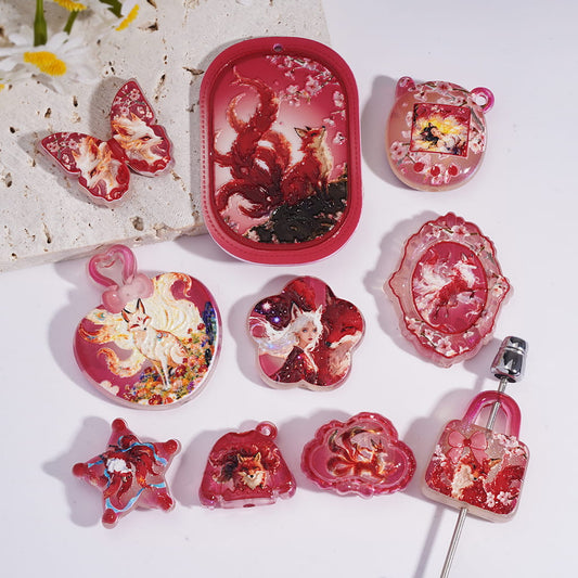 Acrylic Beads Pendant with Nine-Tailed Fox Prints Red Series, Random Mix